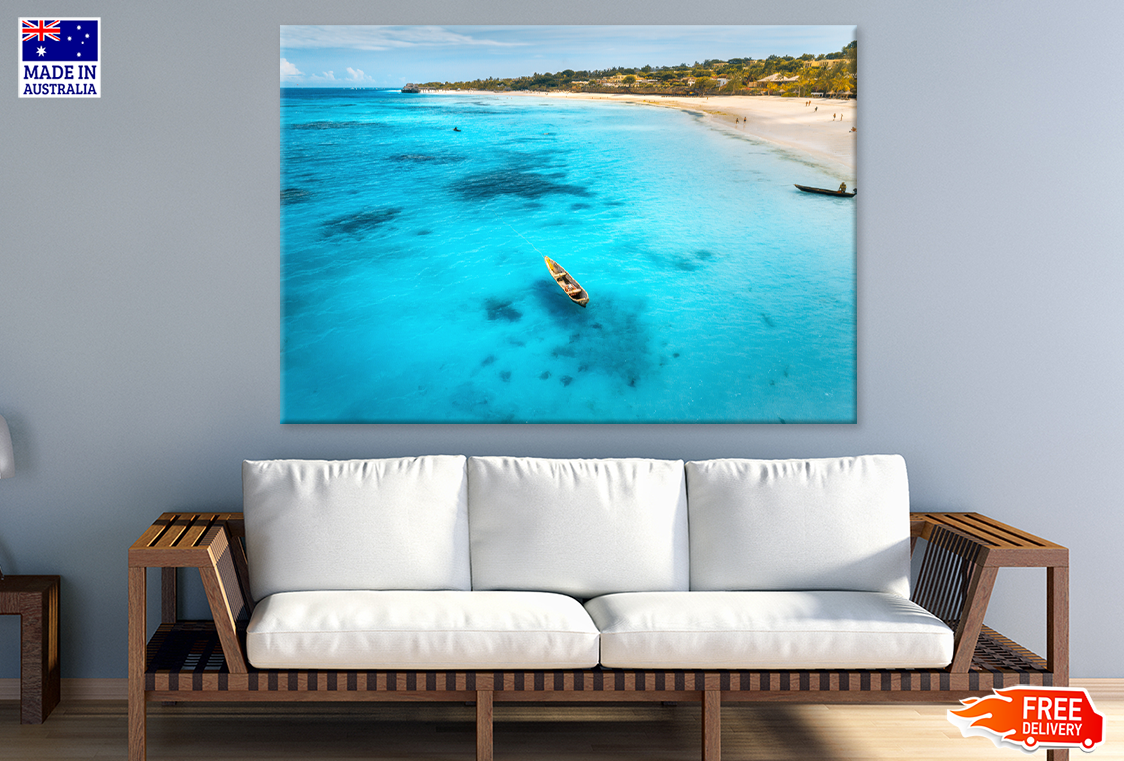 Boat On Sea & Mountain With Forest Print 100% Australian Made