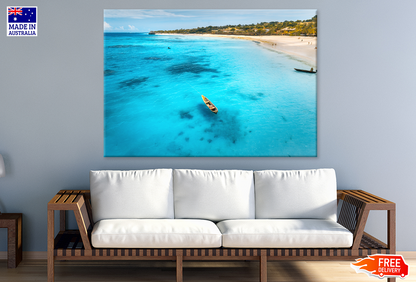 Boat On Sea & Mountain With Forest Print 100% Australian Made