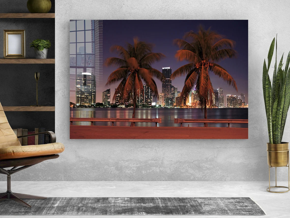 Night Cityscape Palms Print Tempered Glass Wall Art 100% Made in Australia Ready to Hang