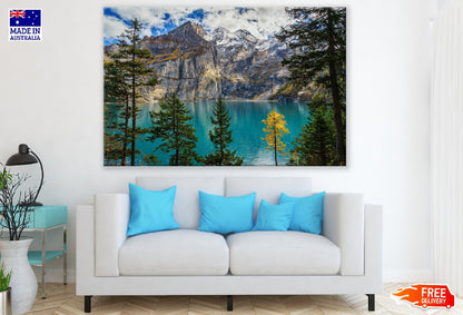 Autumn Trees & Lake Near Snow Mountains Photograph Print 100% Australian Made