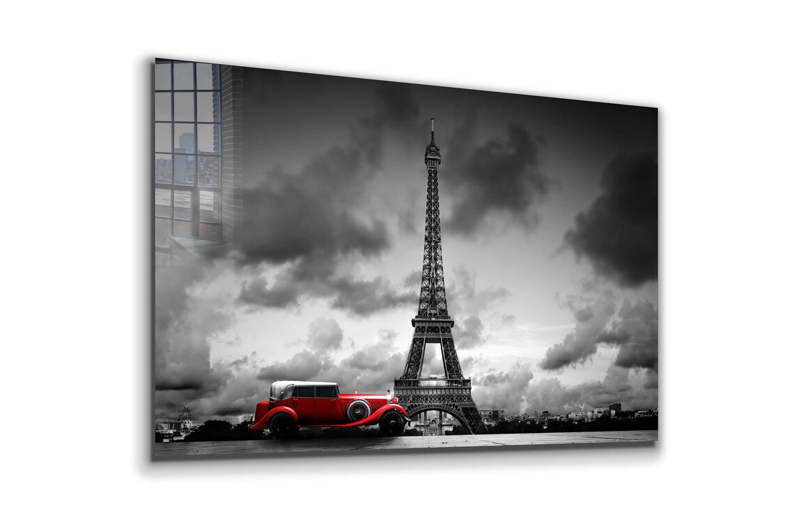 Eiffel Tower Red Car Print Tempered Glass Wall Art 100% Made in Australia Ready to Hang