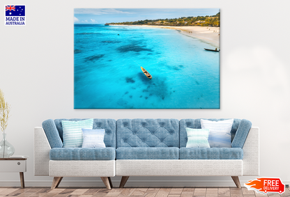 Boat On Sea & Mountain With Forest Print 100% Australian Made
