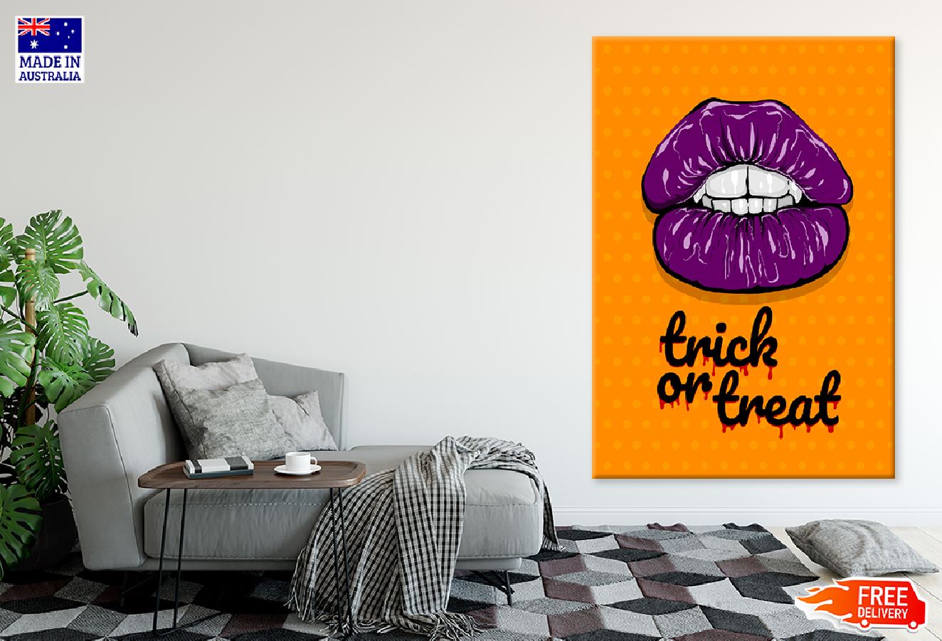 Purple Lips & Trick Or Treat Quote Illustration Print 100% Australian Made