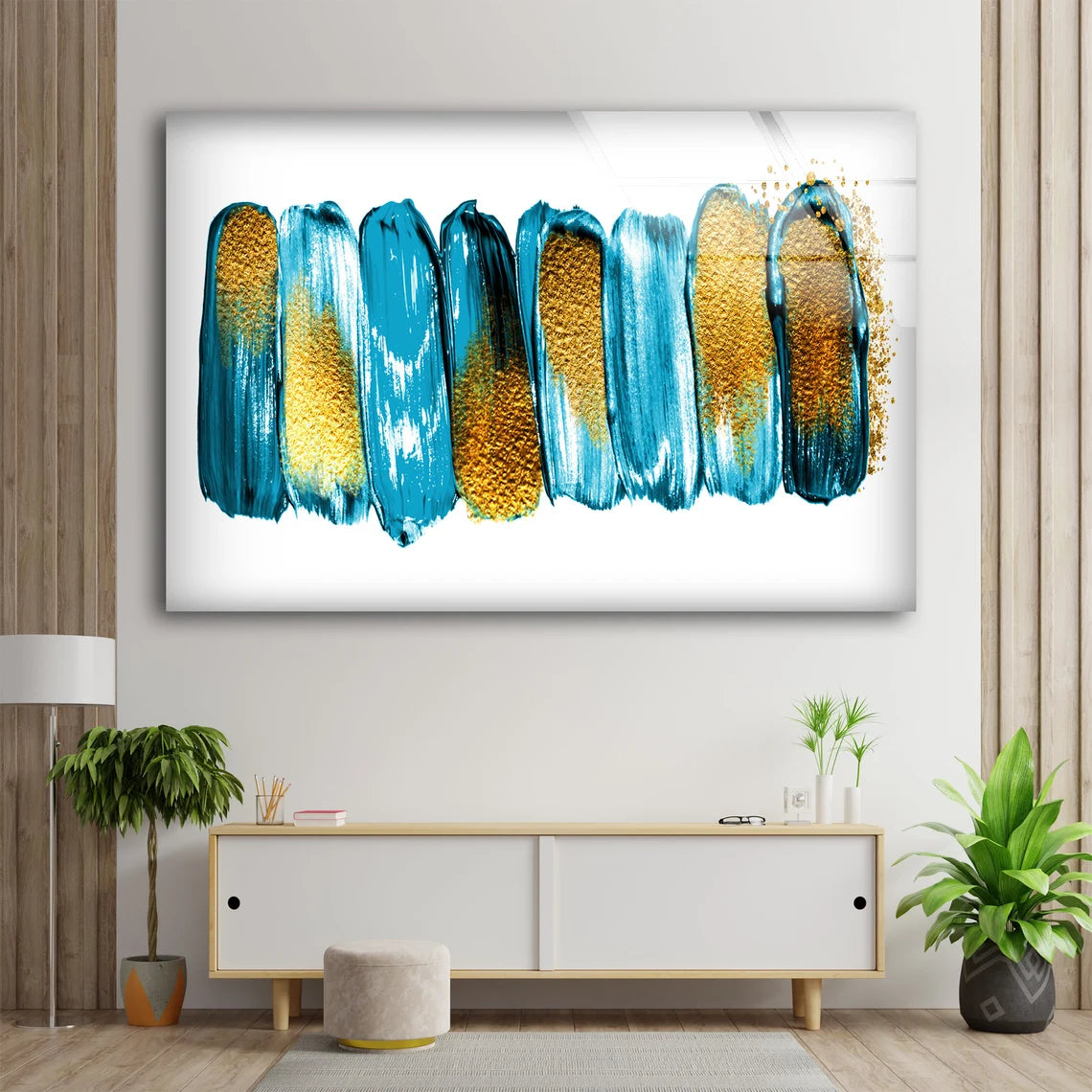 Blue White & Gold Oil Painting Acrylic Glass Print Tempered Glass Wall Art 100% Made in Australia Ready to Hang