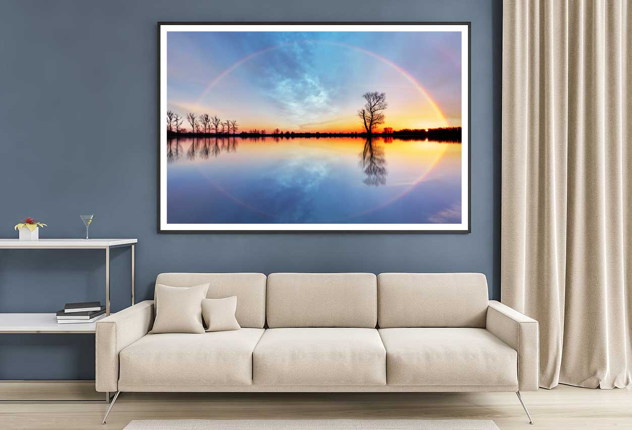 Tree on Lake Rainbow Sky Sunrise Photograph Home Decor Premium Quality Poster Print Choose Your Sizes