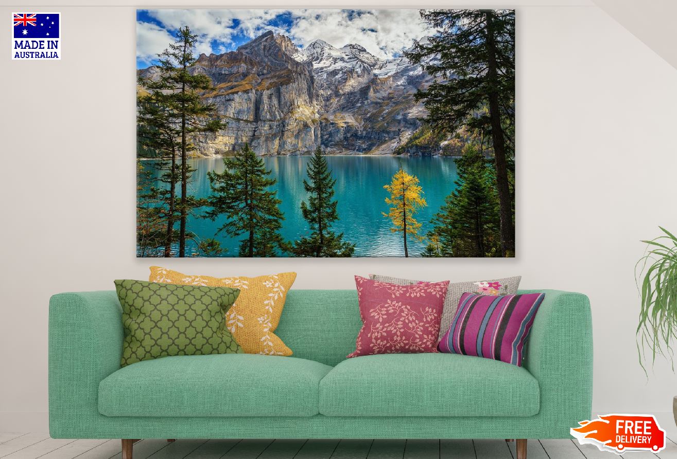 Autumn Trees & Lake Near Snow Mountains Photograph Print 100% Australian Made