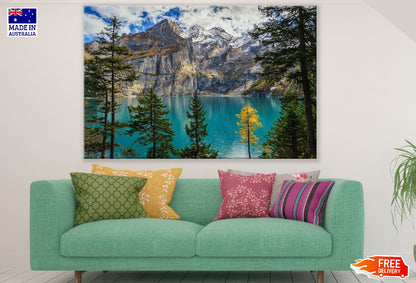 Autumn Trees & Lake Near Snow Mountains Photograph Print 100% Australian Made