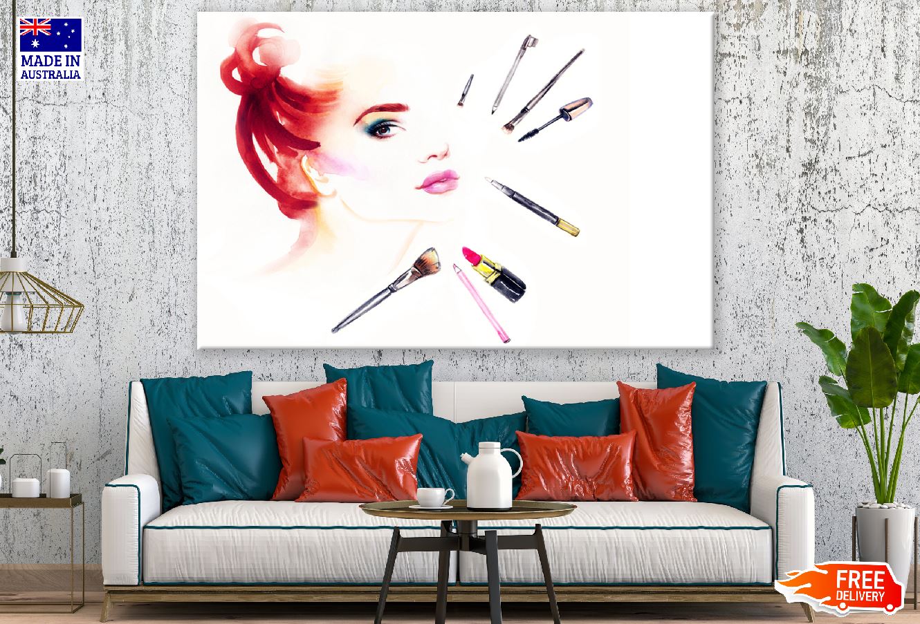 Makeup Cosmetics With Girl Face Watercolor Painting Print 100% Australian Made