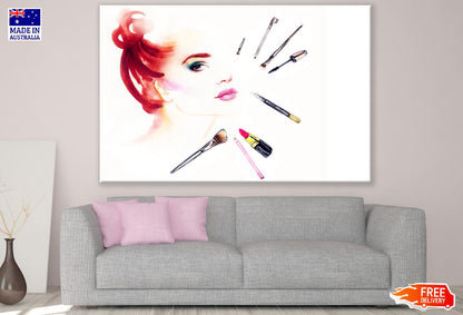 Makeup Cosmetics With Girl Face Watercolor Painting Print 100% Australian Made