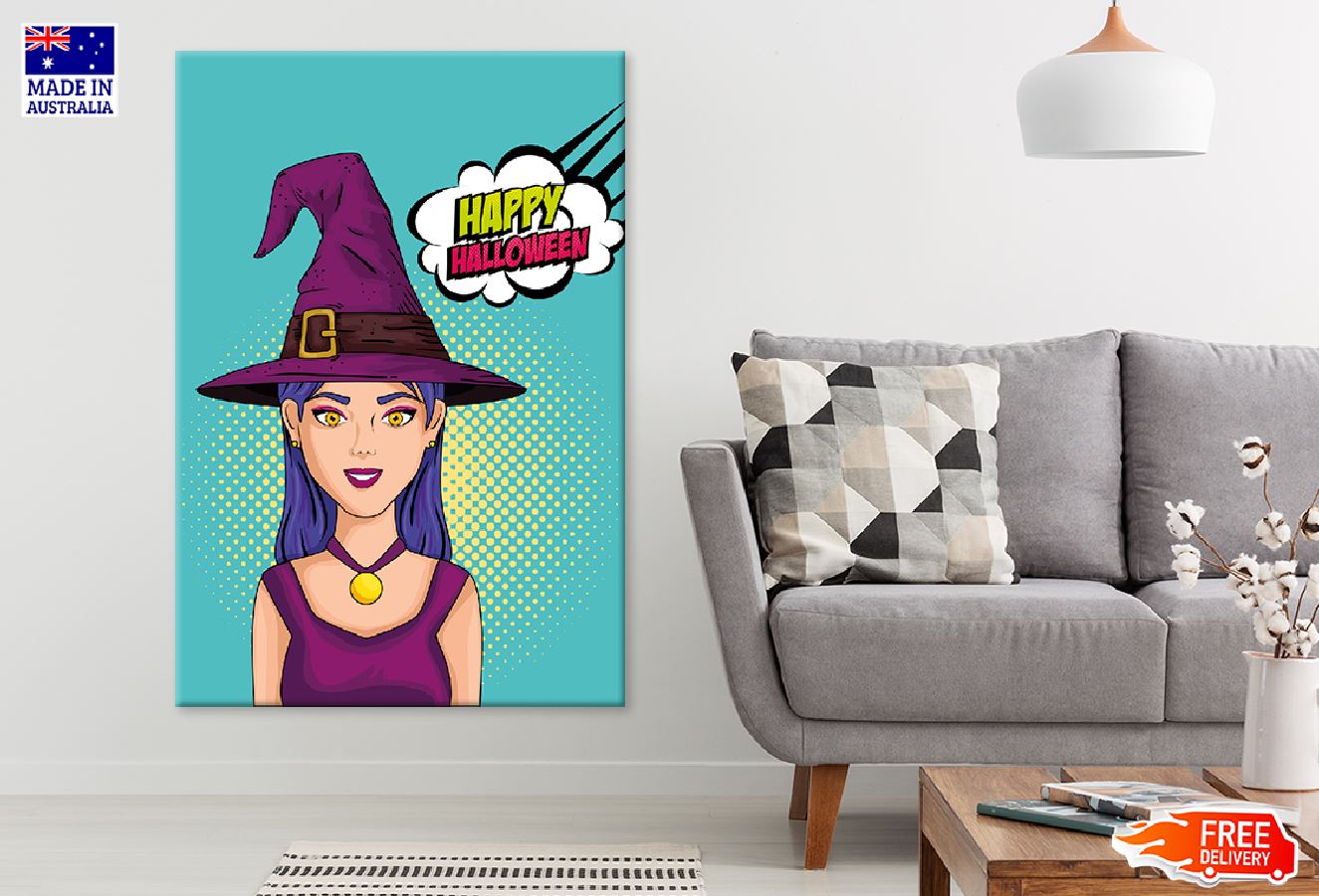Happy Halloween Chat Bubble & Witch Illustration Print 100% Australian Made