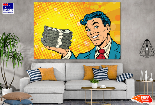 Man Holding Money Bundle Illustration Print 100% Australian Made