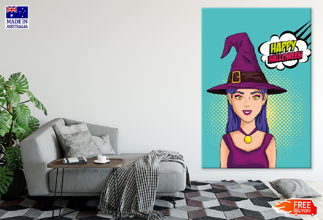 Happy Halloween Chat Bubble & Witch Illustration Print 100% Australian Made