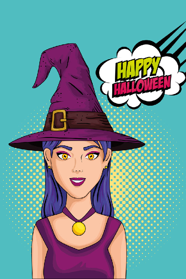 Happy Halloween Chat Bubble & Witch Illustration Print 100% Australian Made