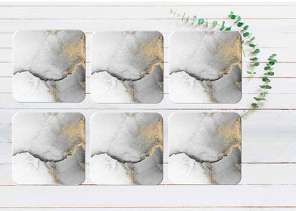 Silver Gold Splash Marble Abstract Coasters Wood & Rubber - Set of 6 Coasters