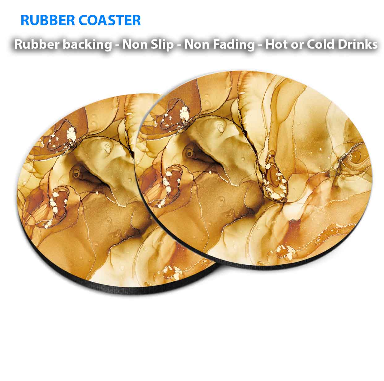 Golden Yellow Abstract Marble Design Coasters Wood & Rubber - Set of 6 Coasters