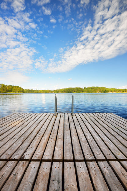 Wooden Pier near Lake & Blue Sky Scenery Print 100% Australian Made