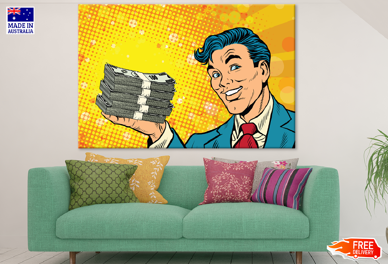 Man Holding Money Bundle Illustration Print 100% Australian Made