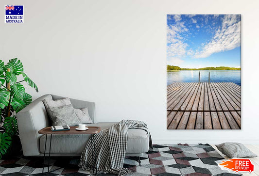 Wooden Pier near Lake & Blue Sky Scenery Print 100% Australian Made