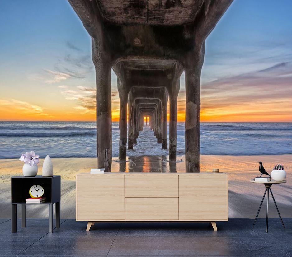 Wallpaper Murals Peel and Stick Removable Wooden Bridge Over Beach in Sunset Photograph High Quality