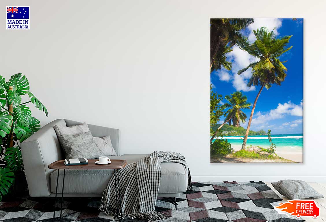Palm Trees & Seawaves with Blue Sky Print 100% Australian Made