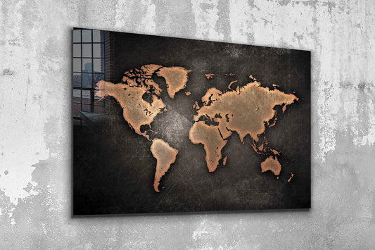 Brown World Map Vector Print Tempered Glass Wall Art 100% Made in Australia Ready to Hang