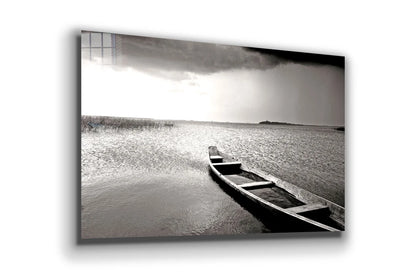 B&W Lonely Boat Lake Print Tempered Glass Wall Art 100% Made in Australia Ready to Hang