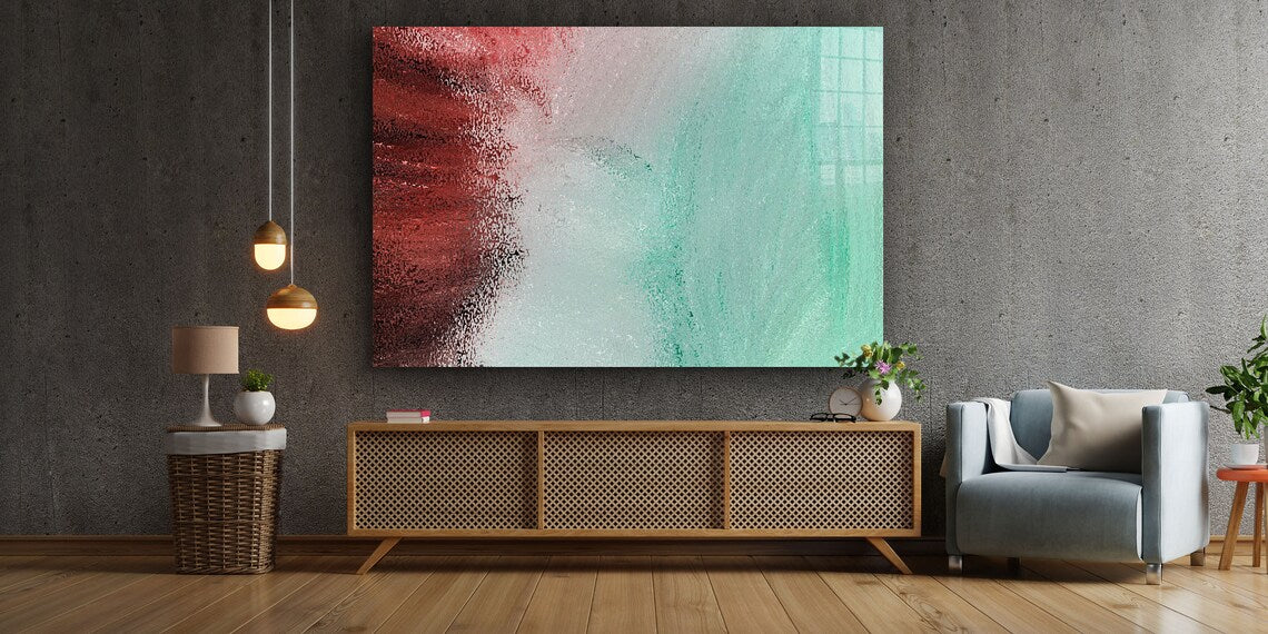 Green Red Grey Abstract Print Tempered Glass Wall Art 100% Made in Australia Ready to Hang