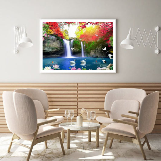 Birds on Pond Near Waterfall Scenery Photograph Home Decor Premium Quality Poster Print Choose Your Sizes