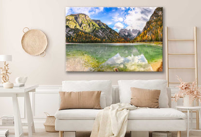 Bella Home Scenery of Alpine Lake Landro at Autumn Print Canvas Ready to hang