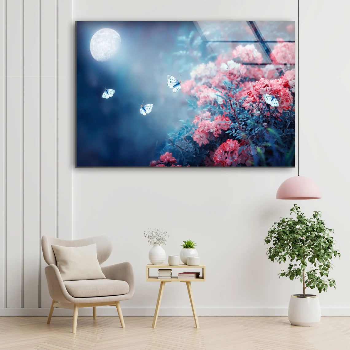 Moon Butterflies & Pink Flowers Photograph Acrylic Glass Print Tempered Glass Wall Art 100% Made in Australia Ready to Hang