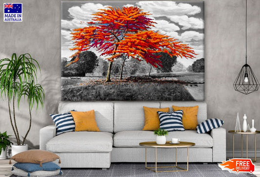 Orange Leaves Tree B&W Painting Print 100% Australian Made