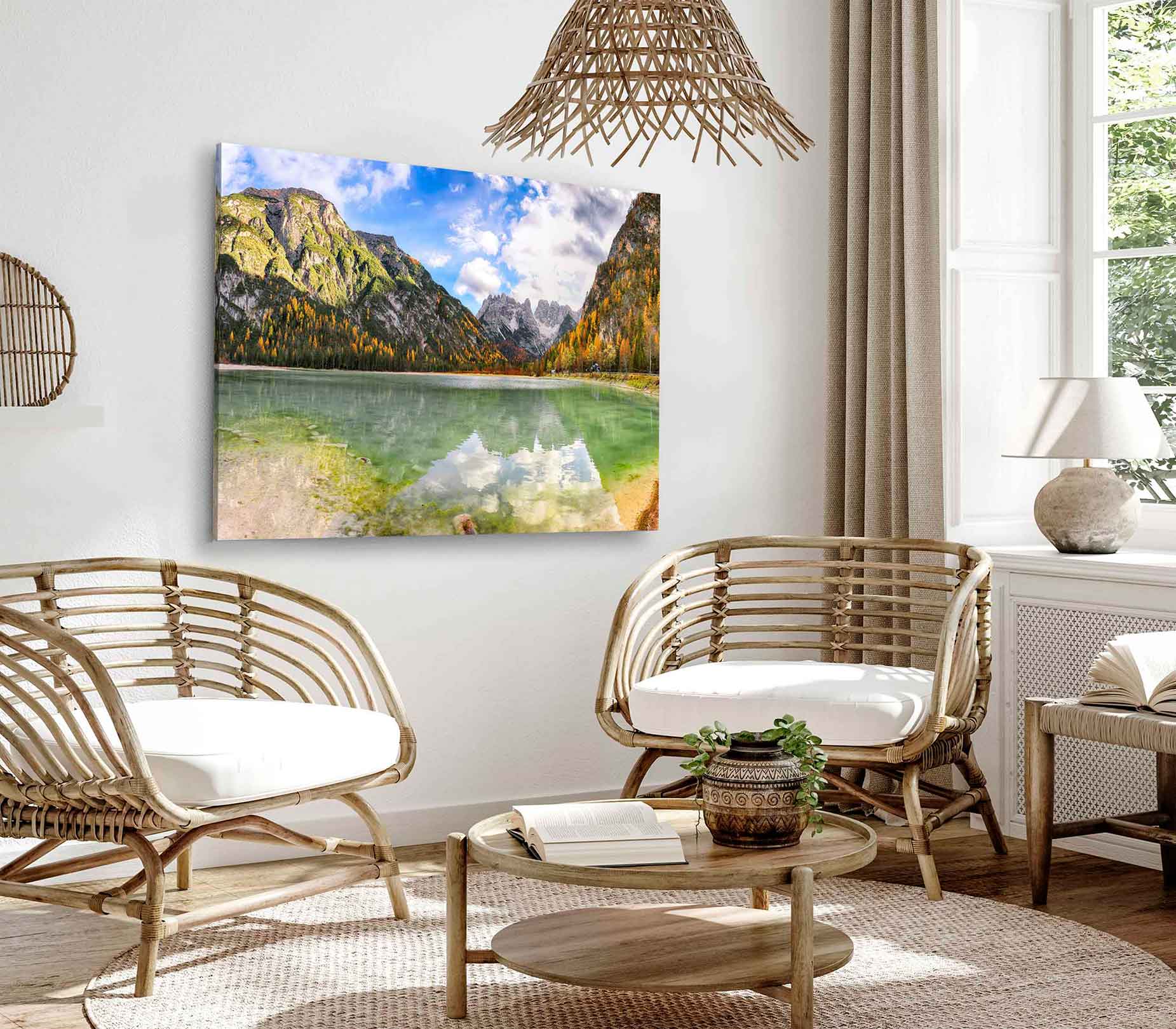 Bella Home Scenery of Alpine Lake Landro at Autumn Print Canvas Ready to hang