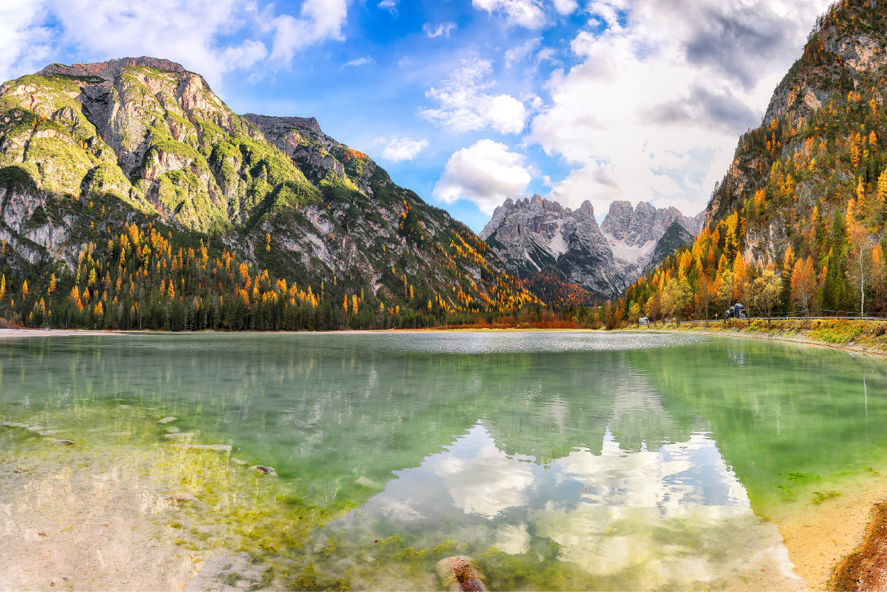 Bella Home Scenery of Alpine Lake Landro at Autumn Print Canvas Ready to hang