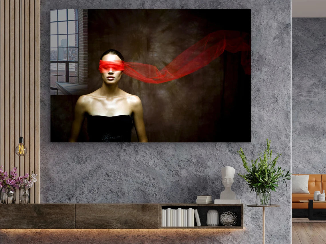 Blind Red Scarf Woman Print Tempered Glass Wall Art 100% Made in Australia Ready to Hang