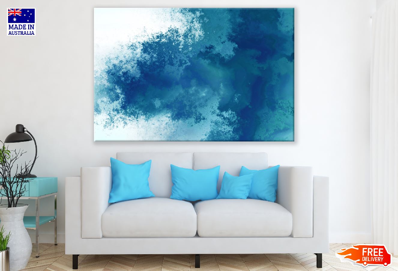 White & Blue Abstract Design Print 100% Australian Made