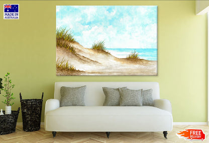 Beach over Cloudy Sky Watercolor Painting Print 100% Australian Made