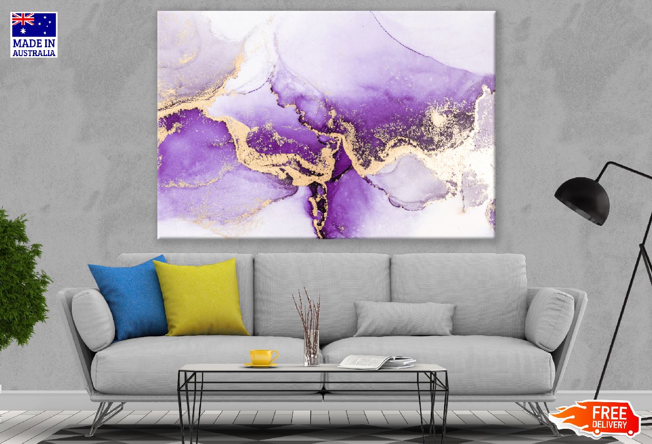 Gold Purple & White Abstract Design Print 100% Australian Made