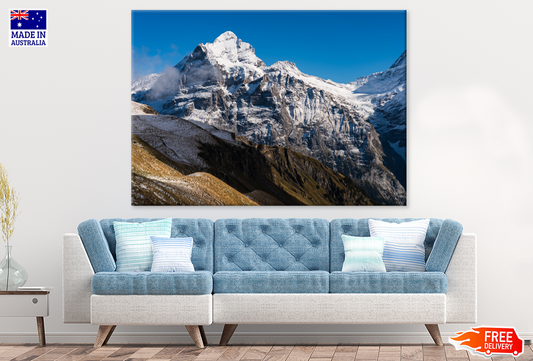 Snow Covered Rock Mountain & Blue Sky View Print 100% Australian Made