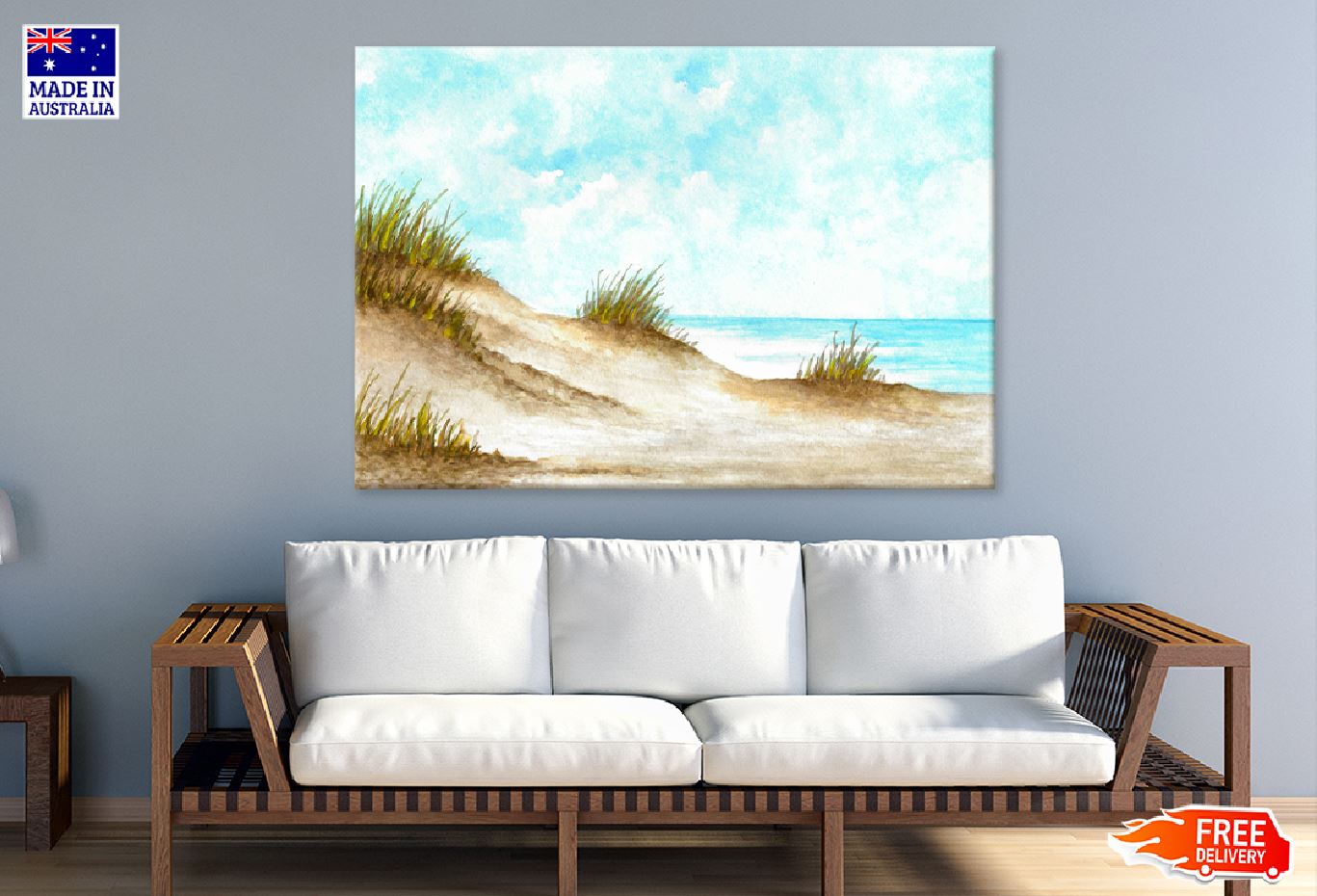 Beach over Cloudy Sky Watercolor Painting Print 100% Australian Made