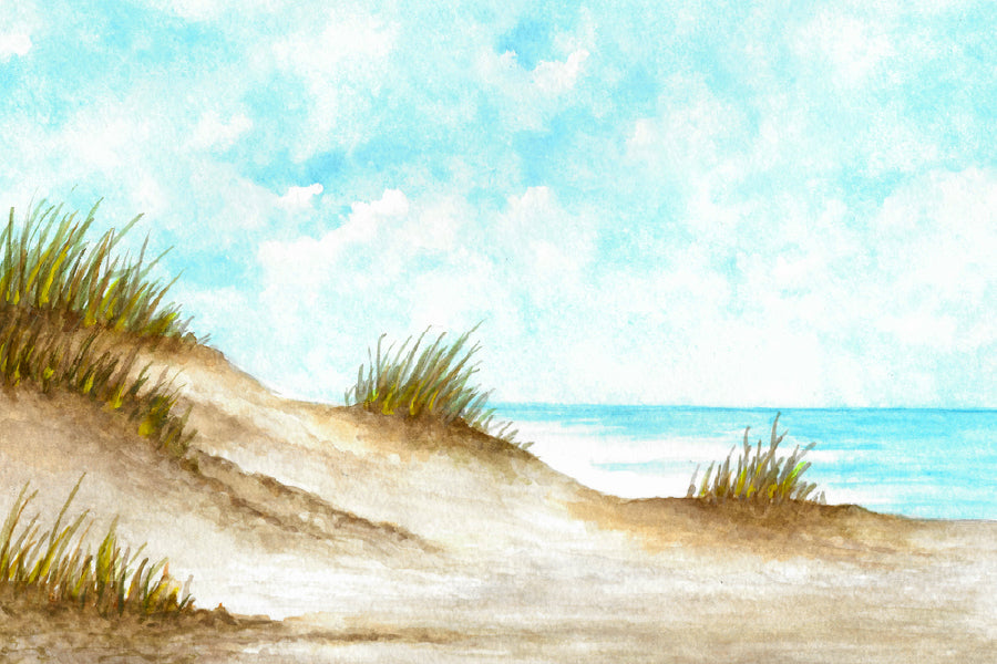 Beach over Cloudy Sky Watercolor Painting Print 100% Australian Made