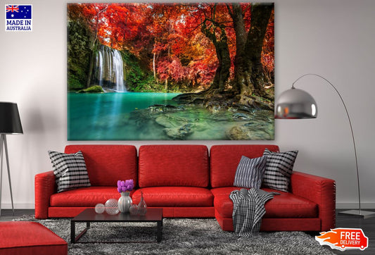 Waterfall & Red Leaves Tree Photograph Print 100% Australian Made