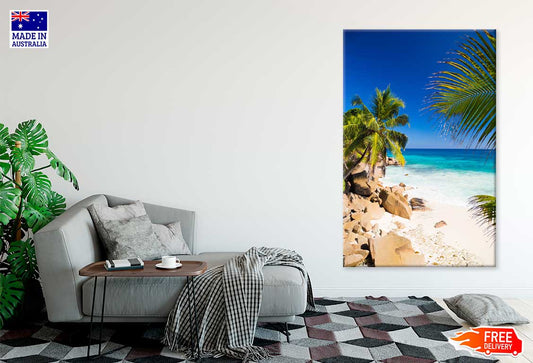 Rocks & Palms near Sand Seashore View Photograph Print 100% Australian Made