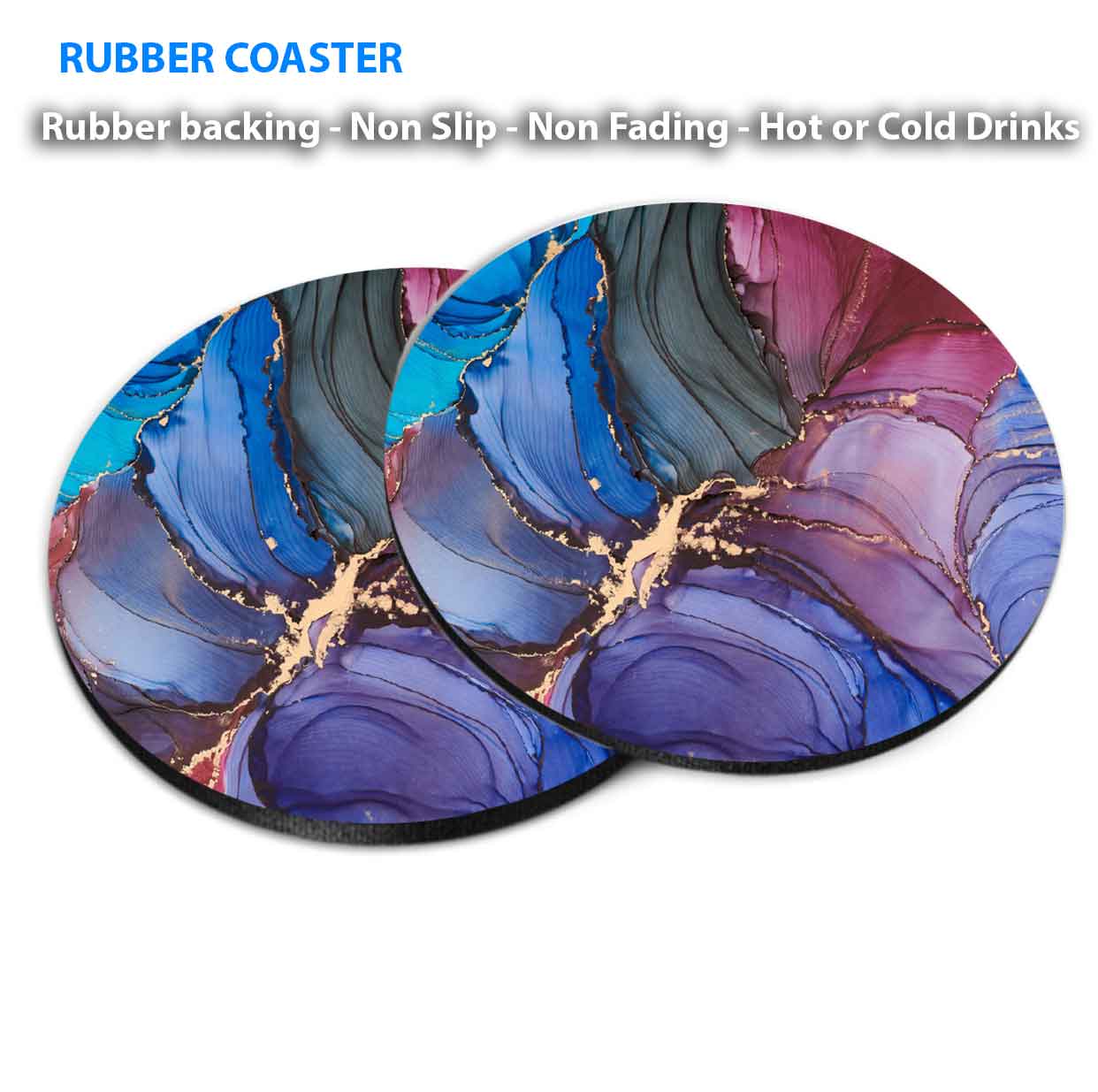 Purple Blue Pink Gold Abstract Design Coasters Wood & Rubber - Set of 6 Coasters