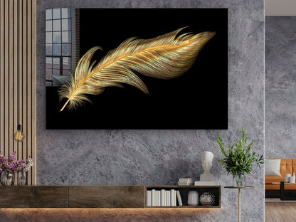 Dark Golden Feather Print Tempered Glass Wall Art 100% Made in Australia Ready to Hang