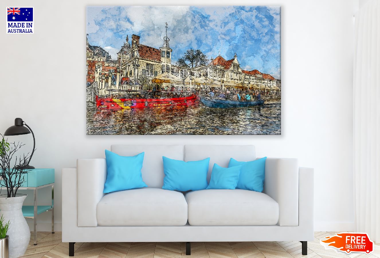 Boats on Canal in Amsterdam, Netherland Print 100% Australian Made