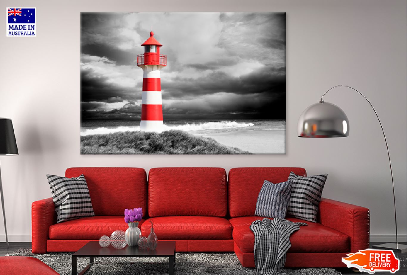 White Red Lighthouse near Sea B&W Photograph Print 100% Australian Made