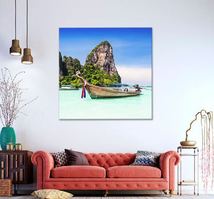 Square Canvas Longtail Boat Beach Photograph Thailand High Quality Print 100% Australian Made