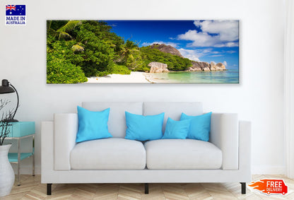 Panoramic Canvas d'Argent on La Digue Beach Photograph High Quality 100% Australian Made Wall Canvas Print Ready to Hang