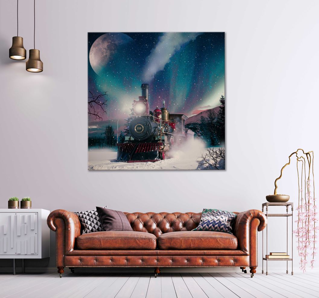 Square Canvas Train in Snow Moon Night View High Quality Print 100% Australian Made