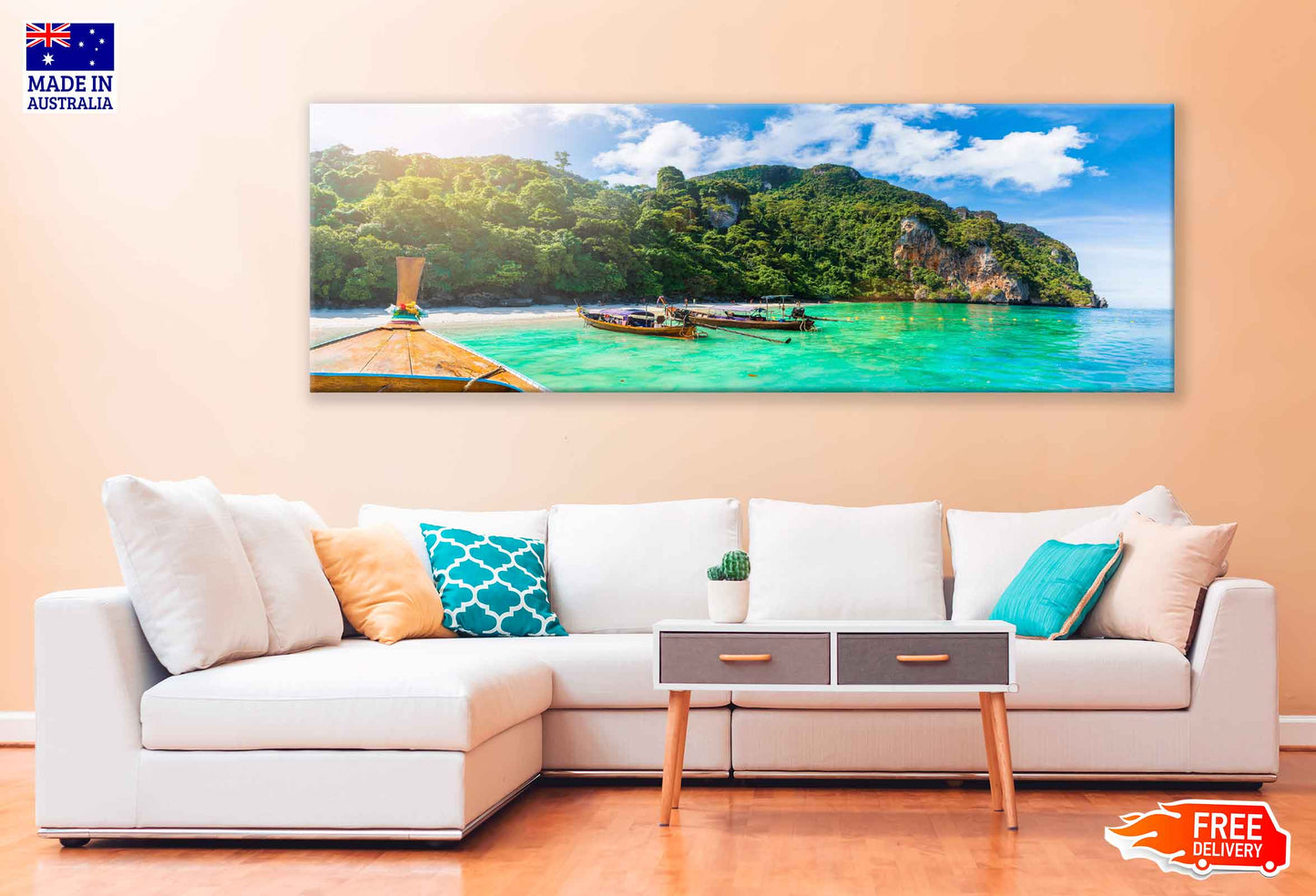 Panoramic Canvas Boats on Monkey Sea Island Photograph High Quality 100% Australian Made Wall Canvas Print Ready to Hang